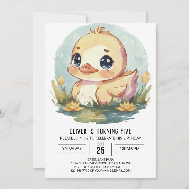 Cute Watercolor Duck Birthday Invitation (Front)