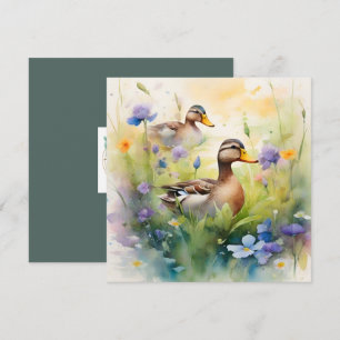 Cute Watercolor Duck N Wildflowers Blank  Card