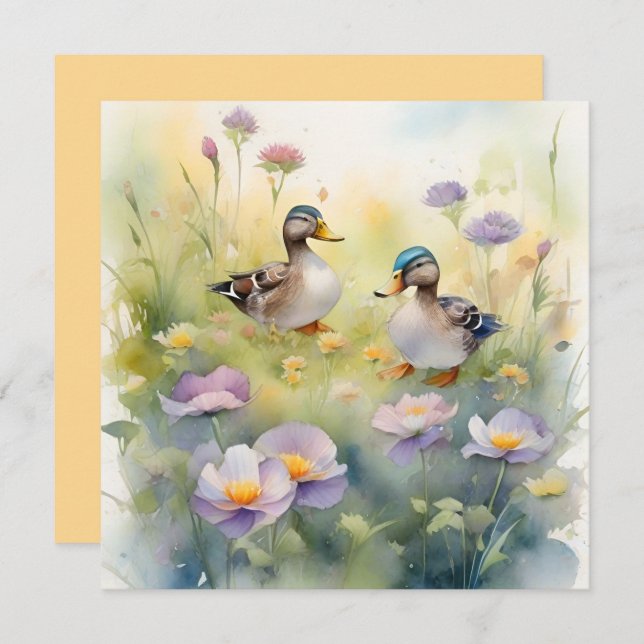 Cute Watercolor Duck N Wildflowers Blank  Holiday Card (Front/Back)