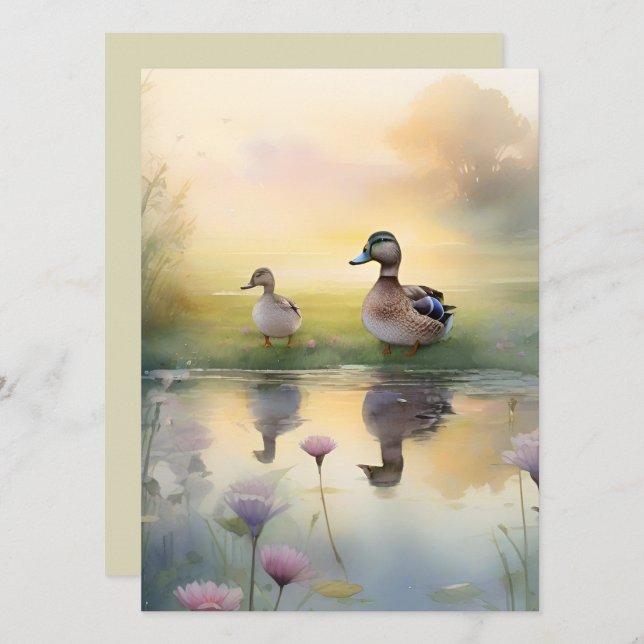 Cute Watercolor Duck Reflection Blank  Card (Front/Back)