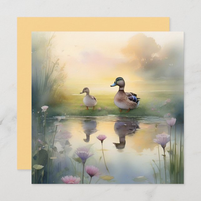 Cute Watercolor Duck Reflection Blank  Holiday Card (Front/Back)