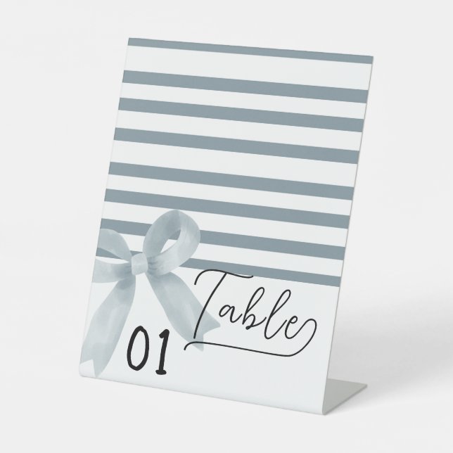 Cute Watercolor Dusty Blue Bow Table Numbers Pedestal Sign (Front)