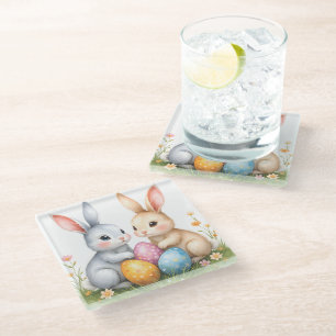 Cute Watercolor Easter Bunnies Happy Easter Glass Coaster