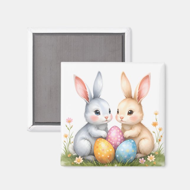 Cute Watercolor Easter Bunnies Happy Easter Magnet (Front/Back)