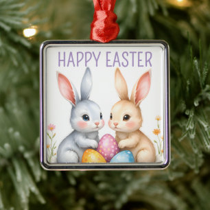 Cute Watercolor Easter Bunnies Happy Easter Metal Tree Decoration