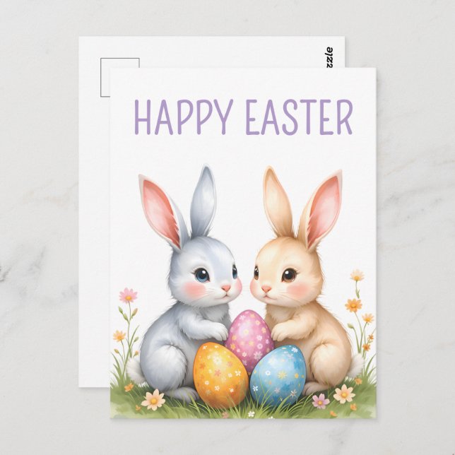 Cute Watercolor Easter Bunnies Happy Easter Postcard (Front/Back)