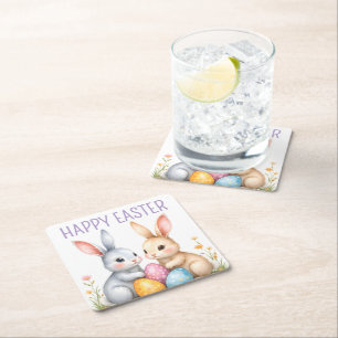 Cute Watercolor Easter Bunnies Happy Easter Square Paper Coaster