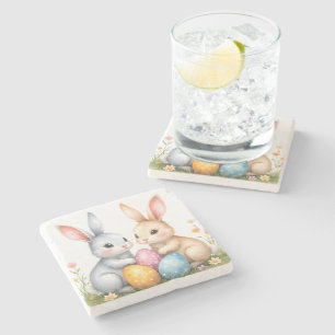 Cute Watercolor Easter Bunnies Happy Easter Stone Coaster