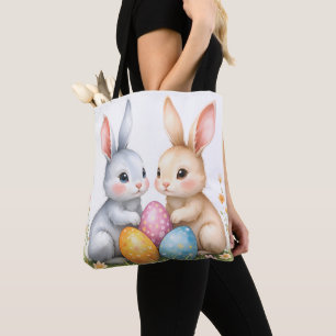 Cute Watercolor Easter Bunnies Happy Easter Tote Bag