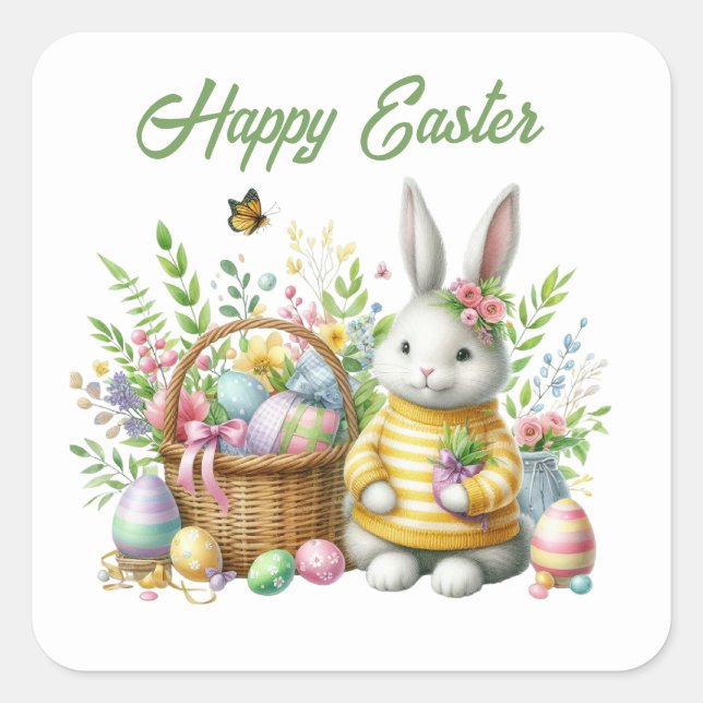 Cute watercolor Easter bunny add text  Square Sticker (Front)
