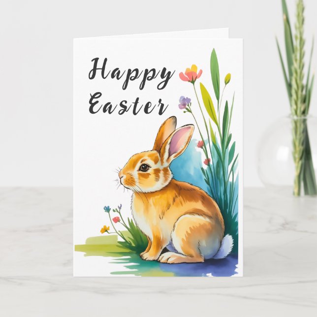 Cute Watercolor Easter Bunny Holiday Card (Front)
