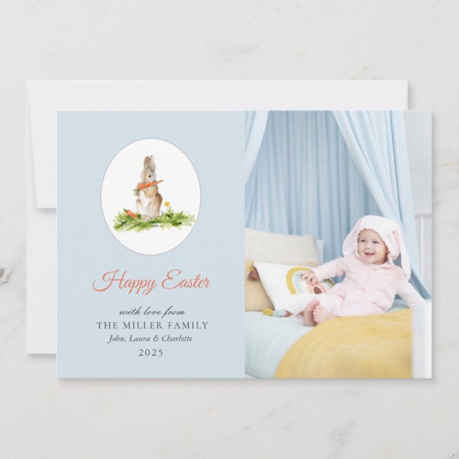 Cute Watercolor Easter bunny photo Easter Card (Front)