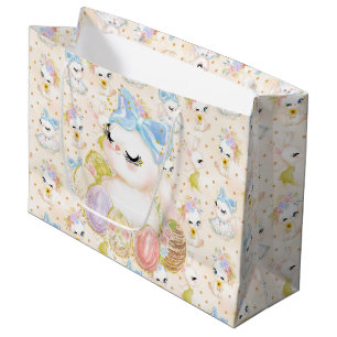 CUTE WATERCOLOR EASTER BUNNY WITH BASKET OF EGGS LARGE GIFT BAG