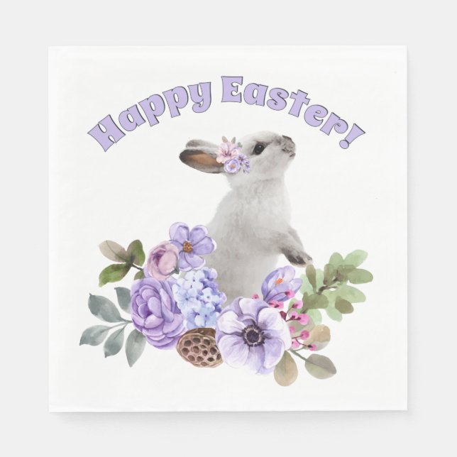 Cute Watercolor Easter Bunny with Flowers & Leaves Napkin (Front)
