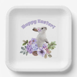 Cute Watercolor Easter Bunny with Flowers Square Paper Plate
