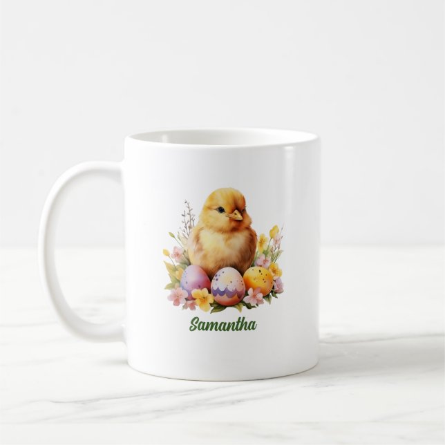 Cute watercolor Easter chicken with eggs  Coffee Mug (Left)