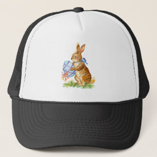 Cute watercolor easter rabbit with easter egg trucker hat