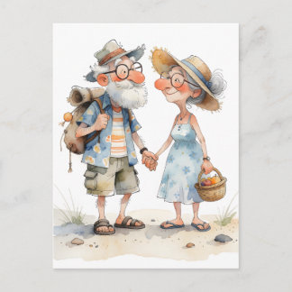 Cute Watercolor Elderly Couple Artwork Postcard
