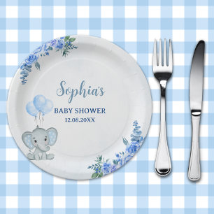 Cute Watercolor Elephant baby shower Boy Paper Plate