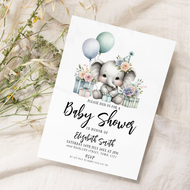 Cute Watercolor Elephant Baby Shower with Balloons Invitation (Creator Uploaded)