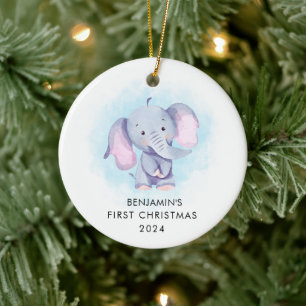 Cute Watercolor Elephant Baby's First Christmas Ceramic Tree Decoration