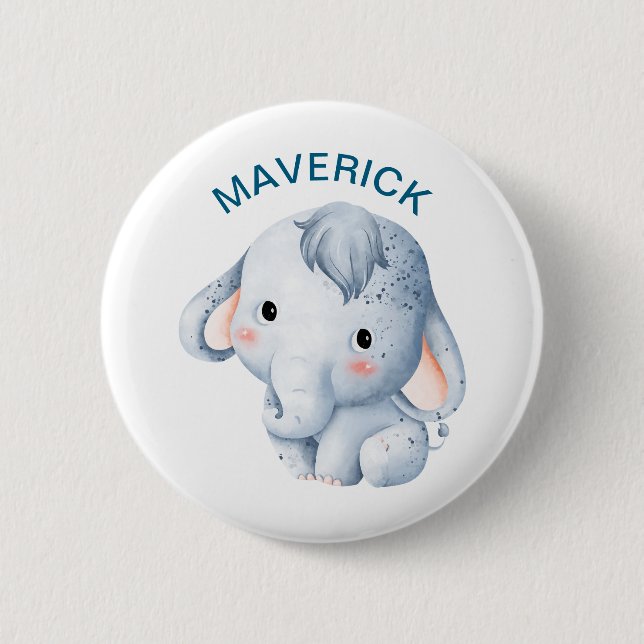 Cute Watercolor Elephant Custom Boys Name Pin (Front)