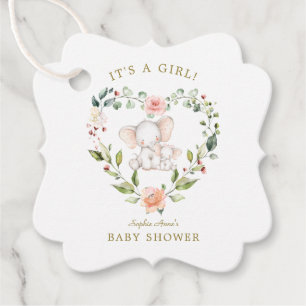 Cute Watercolor Elephant Floral Girl Baby Shower Favour Tags