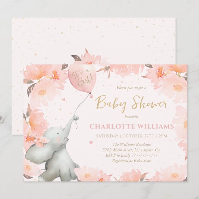 Cute Watercolor Elephant Floral Girl Baby Shower Invitation (Front/Back)