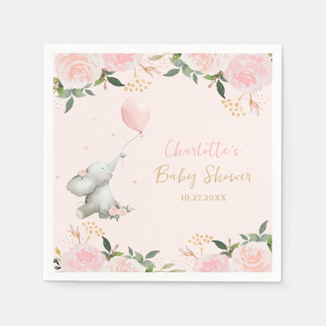 Cute Watercolor Elephant Floral Girl Baby Shower Napkin (Front)