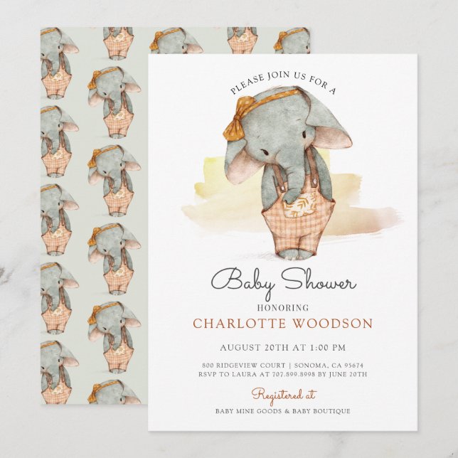 Cute Watercolor Elephant Girl Baby Shower Invitation (Front/Back)