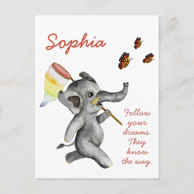 Cute Watercolor Elephant Inspiring Dream Quote Postcard (Front)