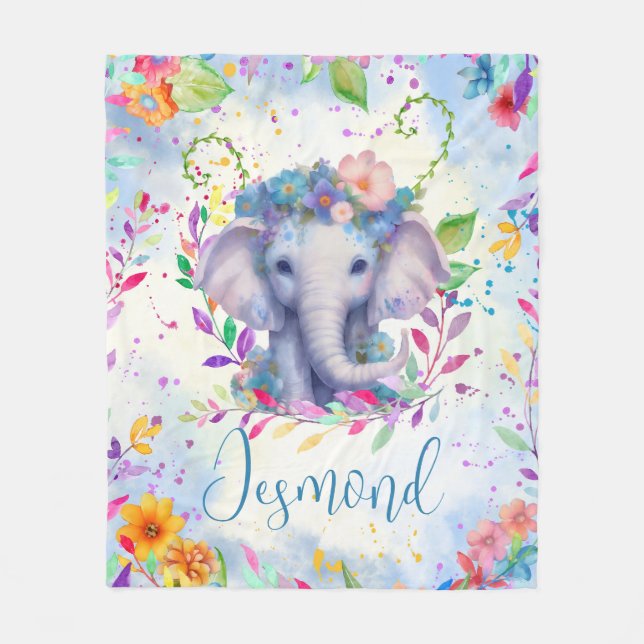 Cute Watercolor Elephant with flowers  Fleece Blanket (Front)