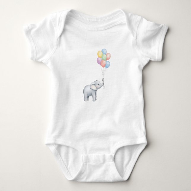 Cute Watercolor Elephant with Pastel Balloons  Baby Bodysuit (Front)