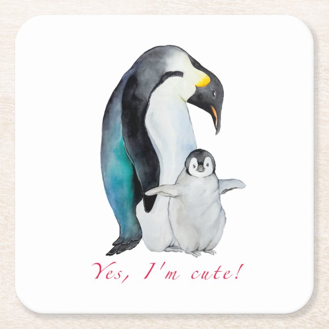 Cute watercolor emperor penguins square paper coaster (Front)