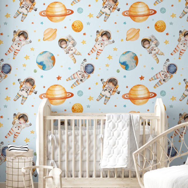 Cute Watercolor Explorer Astronaut Nursery Room Wallpaper (Cute Watercolor Explorer Astronaut Nursery Room Wallpaper)
