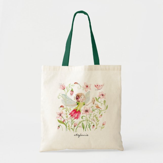 Cute Watercolor Fairy and Pink Flowers Tote Bag (Front)