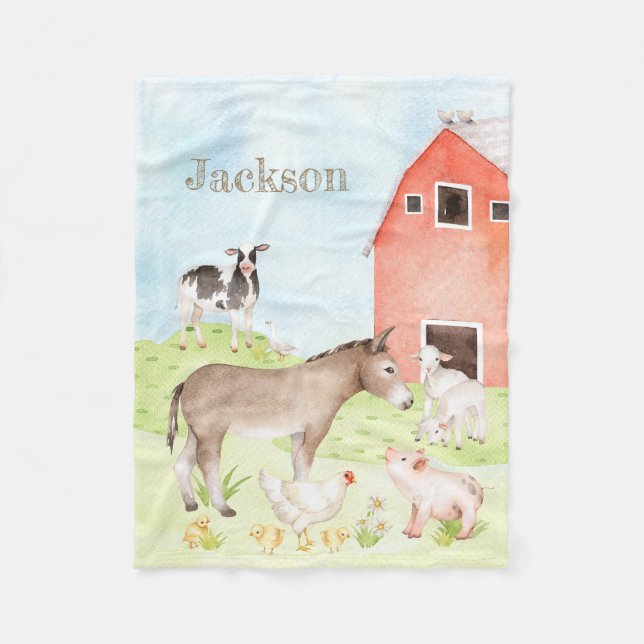 Cute Watercolor Farm Animal  Baby Blanket (Front)