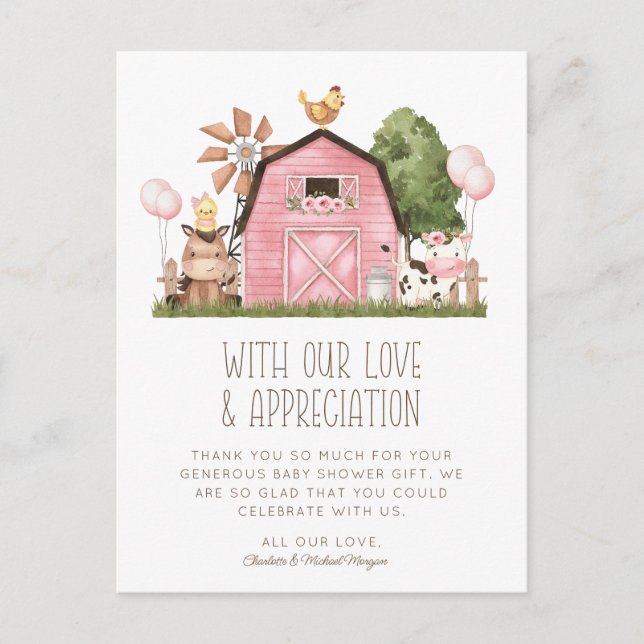 Cute Watercolor Farm Animals Baby Shower Thank You Postcard (Front)