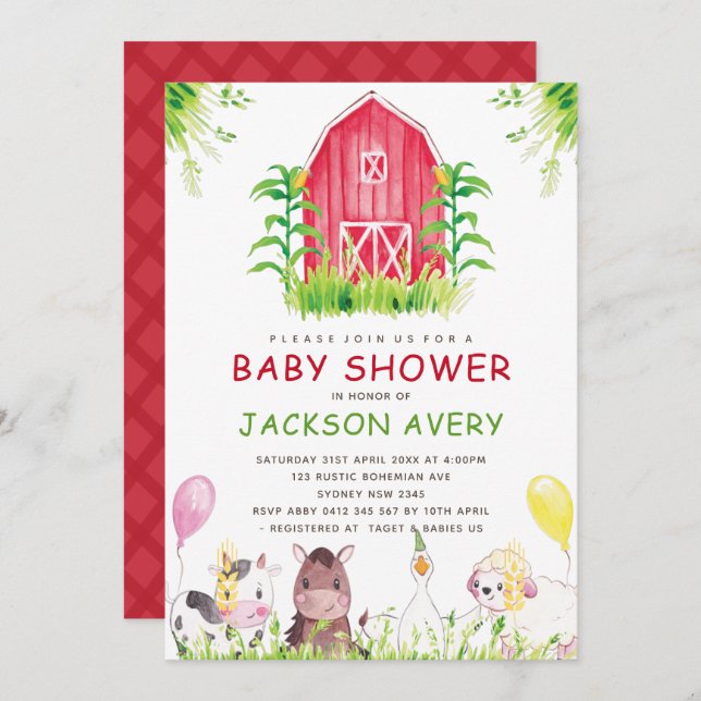 Cute Watercolor Farm Baby Shower Invitation (Front/Back)