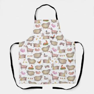 Cute Watercolor Farm Barn Animals Pattern Apron