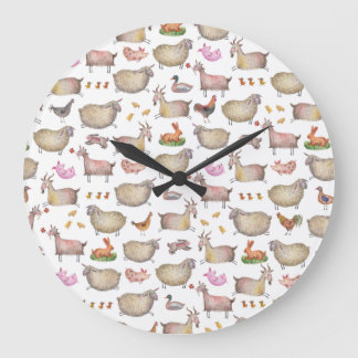 Cute Watercolor Farm Barn Animals Pattern Large Clock