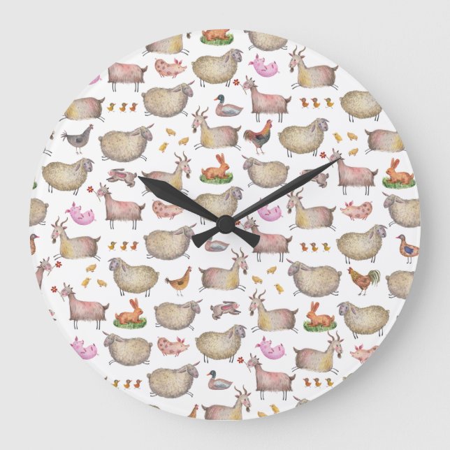Cute Watercolor Farm Barn Animals Pattern Large Clock (Front)