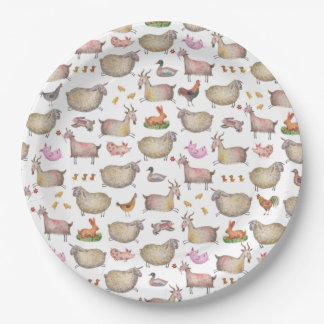 Cute Watercolor Farm Barn Animals Pattern Paper Plate