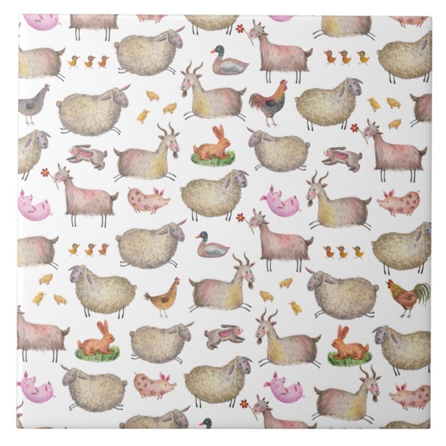 Cute Watercolor Farm Barn Animals Pattern Tile (Front)