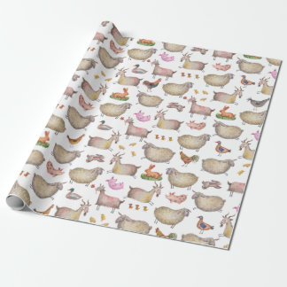 Cute Watercolor Farm Barn Animals Pattern Wrapping Paper