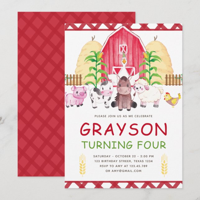 Cute Watercolor Farm Birthday Invitation (Front/Back)