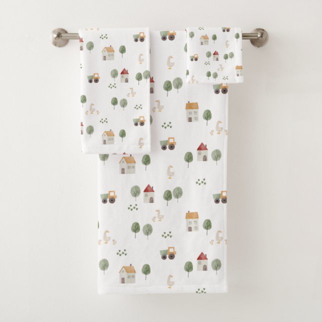 Cute Watercolor Farm Pattern Bath Towel Set (Insitu)
