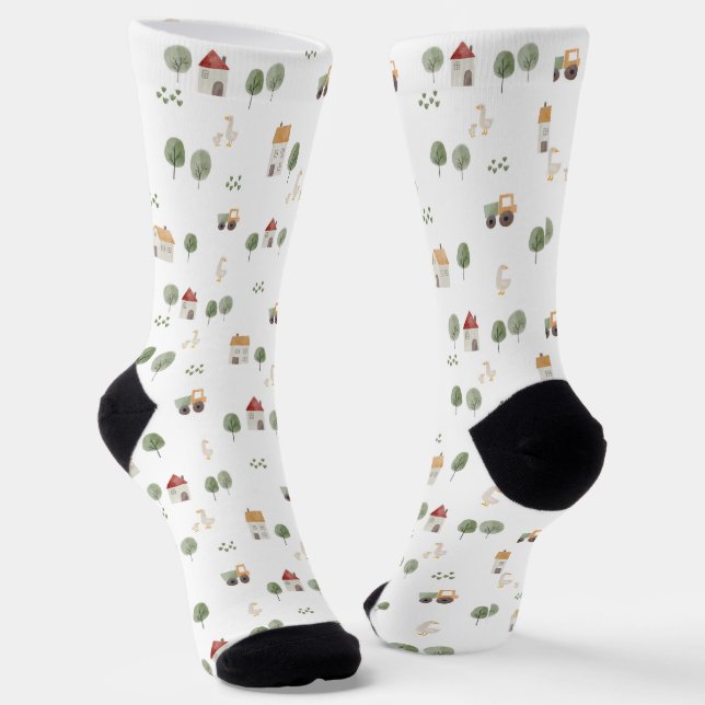 Cute Watercolor Farm Pattern Socks (Angled)