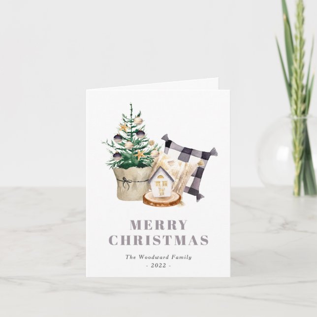 Cute Watercolor Farmhouse Christmas Holiday Card (Front)