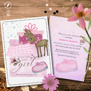 Cute Watercolor Fawn and Pink Shoe Baby Invitation
